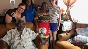 During Linda Merrick’s visit, she was able to visit with some of the brethren in their homes. From left to right: Lena VanAusdle, Juliana Kachali, Esther Chilopora, Linda Merrick and Samuel Chilopora (sitting). 