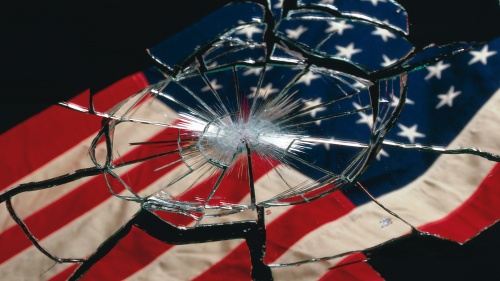 A shattered American flag in glass.