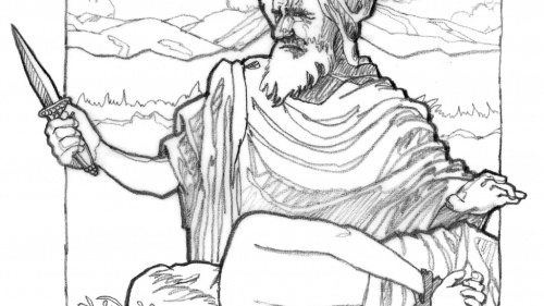 Illustration of Abraham preparing to offer Isaac as a sacrifice.