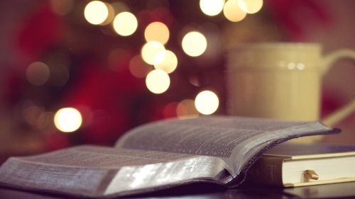 An opened Bible in the foreground and a Christmas tree lit up in the background.