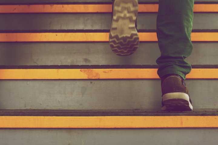 A person walking up stairs.