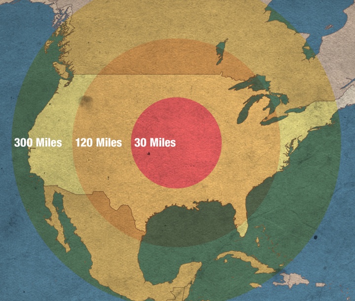 Map illustration of EMP blast over North America. 