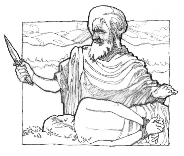 Illustration of Abraham preparing to offer Isaac as a sacrifice.