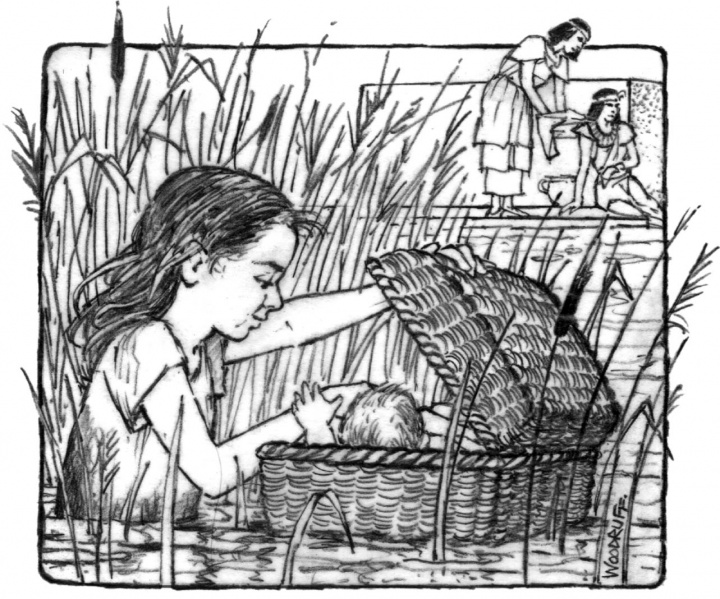 Illustration of Miriam watching over Moses in a basket on the Nile River.