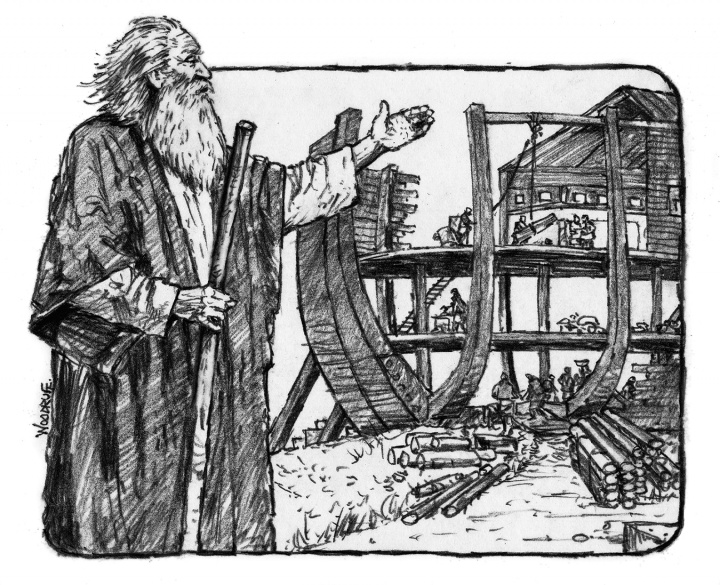 Illustration of Noah building the ark.