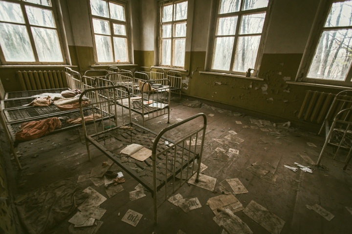 Metal frames of children's beds are all that are left in this abandoned room from the 1986 Chernobyl disaster.