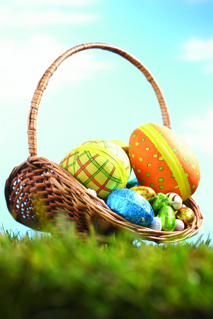 Basket of decorated Easter eggs.