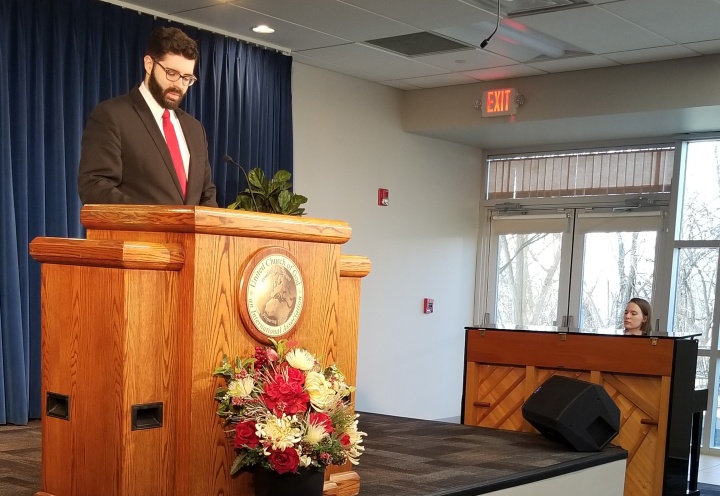 Chad Curran leads songs for the Cincinnati East P.M. service, with Heather Braun playing hymns.