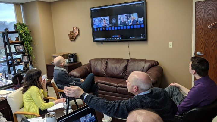 Several met in Victor Kubik’s office at the home office for a video conference with US, Canada and Caribbean Feast coordinators.