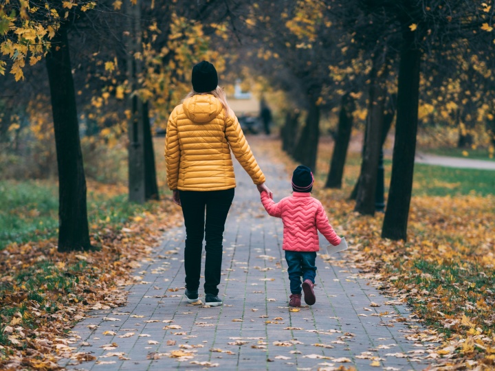 a woman and a child walking on a path surrounded on either side with autum foliage